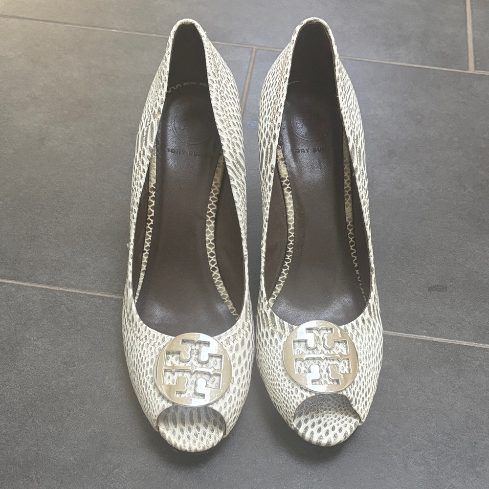 Tory Burch Ivory Snakeskin Peep-Toe Wedges with Silver Logo